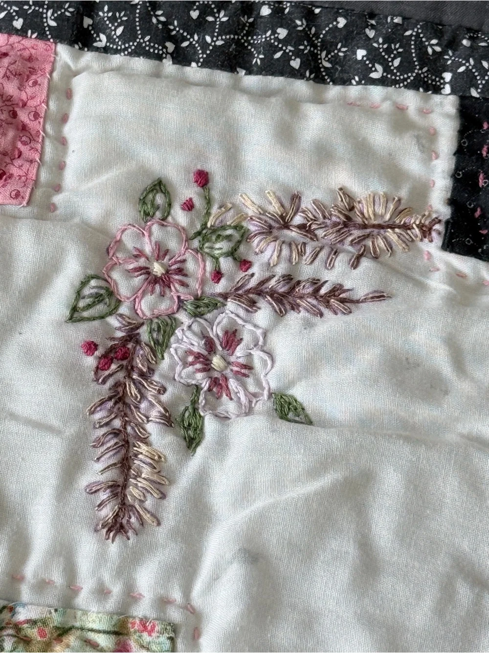 Small Quilt with Embroidered Flowers